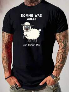 TNBDS Men's T-Shirt With Funny German Quote - Black Crew Neck T-Shirt With Sheep Graphic - Soft And Breathable Cotton Blend T-Shirt For Everyday And Formal Wear - Lightweight Summer Top For Men, Casual Outfit, Playful Design, Comfortable Fit, Printed T-Shirt, Young Adults, Microstretch Fabric, Young Professionals - 黑色 - 查看 7