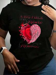 Fashion 1 Piece White T-Shirt With Red Rose Heart And Wings Design A Big Part Of My Heart Lives In Heaven Print For Memorial And Remembrance Occasions G 100% Soft Cotton Women's Simple Solid Color T-Shirt, Loose And Slim Fit Casual Short Sleeve - 白色 - 查看 7