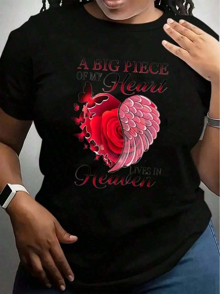Fashion 1 Piece White T-Shirt With Red Rose Heart And Wings Design A Big Part Of My Heart Lives In Heaven Print For Memorial And Remembrance Occasions G 100% Soft Cotton Women's Simple Solid Color T-Shirt, Loose And Slim Fit Casual Short Sleeve - 黑色 - 查看 1