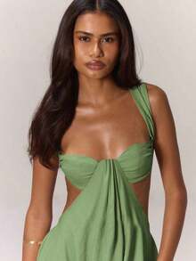 Extreme Wide Leg Jumpsuit Draped Front Bust Cups Cut Out Sides Open Back Vacation Boho Western Spring Summer Vacation Beachwear Elegant Ibiza Holiday Wedding Guest Date Night Sexy Evening Bohemian  Green Spring Summer Wedding Party Easter - 軍綠色 - 查看 5