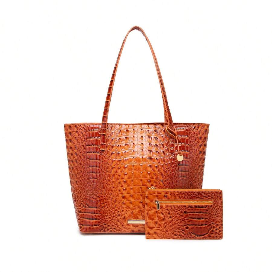 Women's Shoulder Bag European And American Style Crocodile Print Tote Bag Blue Large Capacity Commuter Tote Bag With Coin Purse Blue Crocodile Leather Tote Bag Large-Capacity Mother-In-Law Bag Fashionable And Versatile Handbag - 橘色 - 查看 1