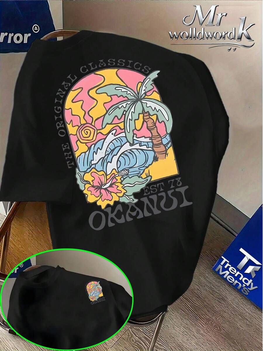 Camisetas, la camiseta gráfica incorpora una actitud de tropical vintage en su diseño, con llamativos caracteres OKANUI. - Negro - Ver 1