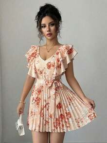 Vestido elegante y romántico para mujer con cuello en V con volantes, cintura plisada, estampado de lunares y corte evasé para vacaciones - Multicolor 5 - Ver 4