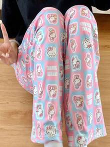 SANRIO 1pc Hello Kitty All-Over Print Casual Lounge Pants. Puzzle Plaid Letter Cat Pattern Pajama Pants. Suitable For Women In Spring, Autumn And Winter. Loose And Casual, Can Be Worn At Home Or Outdoors. - Pink - View 2