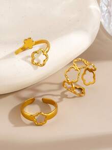 3pcs/Set Stainless Steel Minimalist Clover Open Ring Set, Suitable For Women's Daily And Party Wear - Multicolor - View 5