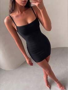 Women's Sexy Spaghetti Strap Mini Bodycon Ribbed Dress, Black Tie-Up Elegant Cocktail Party Club Dress For Summer - Black - View 4