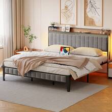 Modern Upholstered Platform Bed Frame With LED Headboard – Storage, Charging Station (USB & Type-C), Sturdy Metal, No Box Spring, Easy Assembly - Grey - View 5