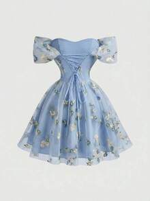 MOD Vestido mini elegante y de moda con bordados y hombros descubiertos para mujer - Celeste - Ver 5