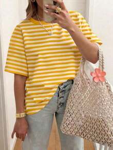Short-Sleeved Round-Neck T-Shirt With Lemon And Letter Print - Soft, Breathable, With Micro-Elasticity, Casual Top For Summer And Spring. - Rosa 2 - View 1