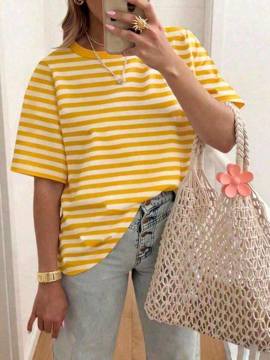 Short-Sleeved Round-Neck T-Shirt With Lemon And Letter Print - Soft, Breathable, With Micro-Elasticity, Casual Top For Summer And Spring. - Rosa 2 - View 1