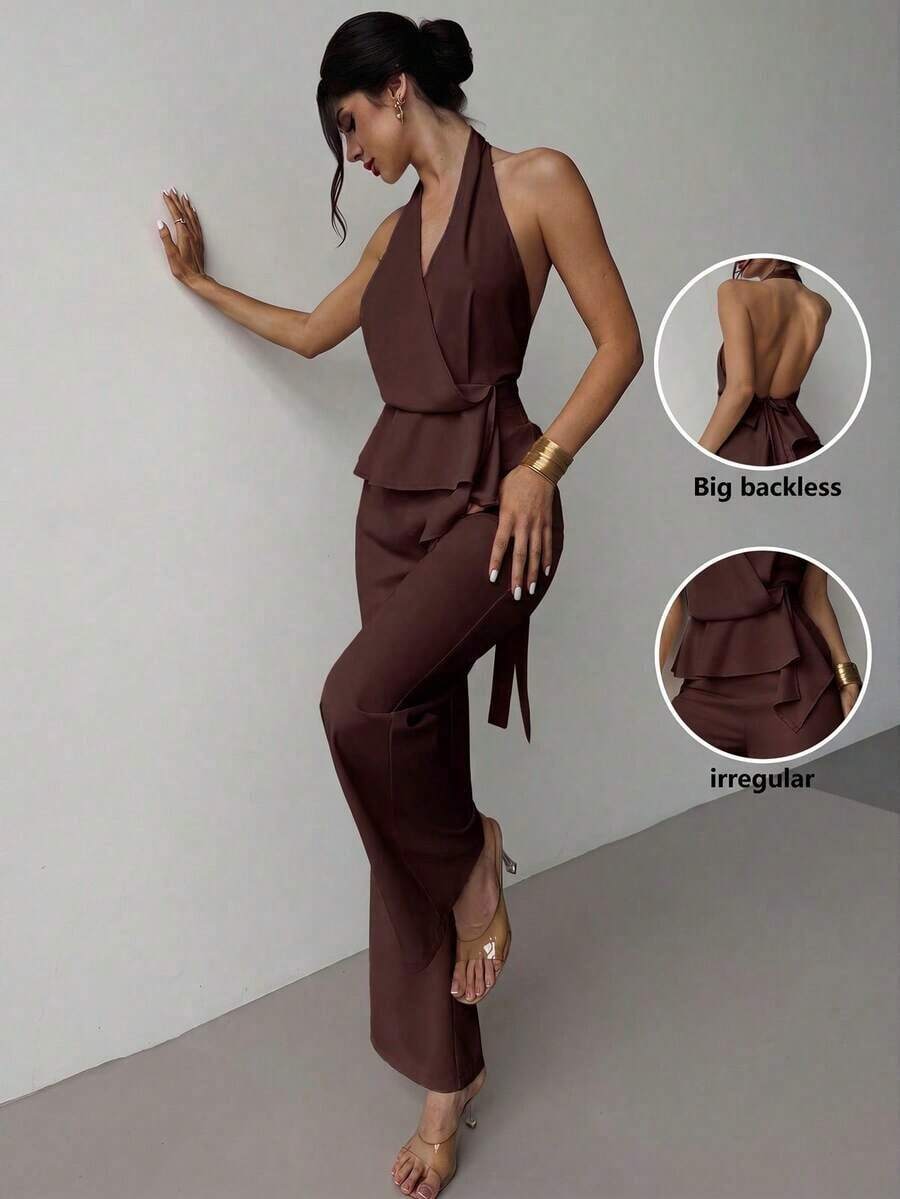 Conjunto de 2 piezas de top sin mangas con cuello en V asimétrico y pantalones rectos holgados en color caqui, elegante y romántico, adecuado para uso casual, vacaciones y viajes en verano - Café integral - Ver 1