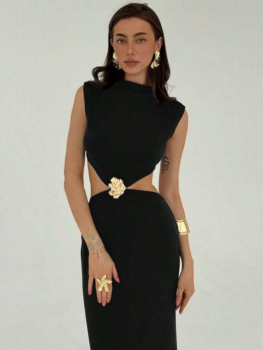 xheAloruh Vestido de mujer con diseño floral calado y diseño de cintura sexyxhe - Negro - Ver 1