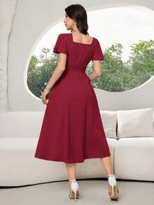 xheModelyn Vestido de manga corta con cintura anudada, volantes y bordado floral, estilo vacacionalxhe - Burdeos - Ver 7