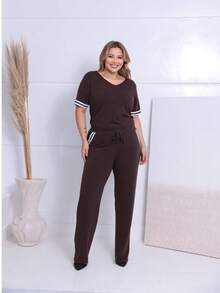 Women's Striped Set - Pants And Top In Lightweight Fleece With White Details - Comfortable Style - 鏽棕色 - 查看 6
