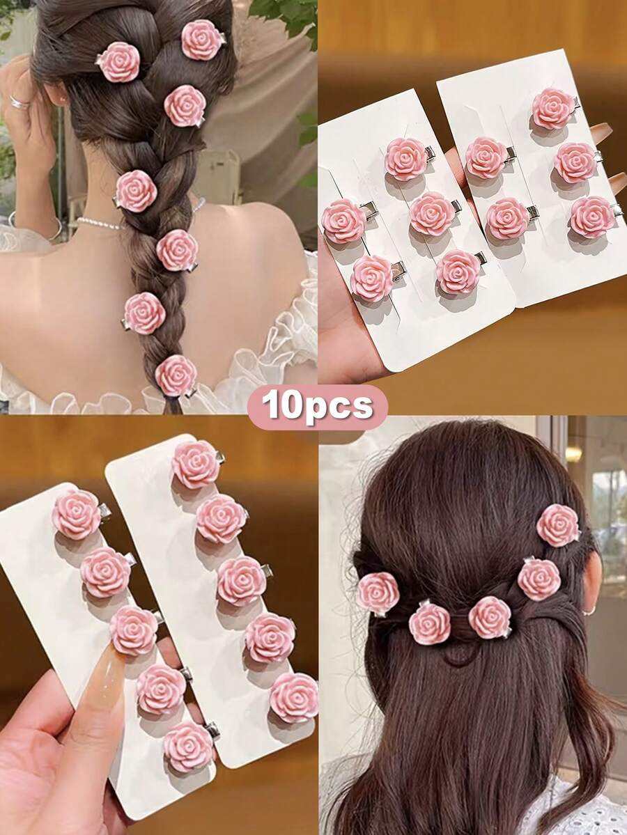 10Pcs Pink Sweet Rose Floral Hair Clips, Small And Cute, Suitable For Everyday Use Hair Additions Hair Accessories - Pink - View 1