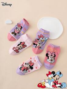 5 Pairs Disney Series Cute & Fun Cartoon Kids' Ankle Socks With Minnie, Daisy, Stripes, Letters, Stars & Floral Patterns - Multicolor - View 6