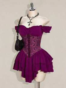 ICnn Vestido corto de gasa con volantes en el hombro, cintura fruncida y estampado jacquard para mujer, elegante para fiestas y uso casual - Morado - Ver 4