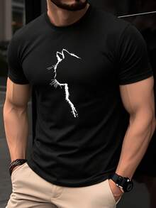 Camiseta de algodón 100% para hombre, manga corta de verano, top delgado y transpirable, ajuste slim moderno y a la moda, casual y versátil, diseño artístico de línea de perfil de gato, estilosa, elegante, única y divertida, ideal para uso diario en primavera, verano y otoño, lavable a máquina, perfecta como regalo original para amantes de los gatos - Negro - Ver 1