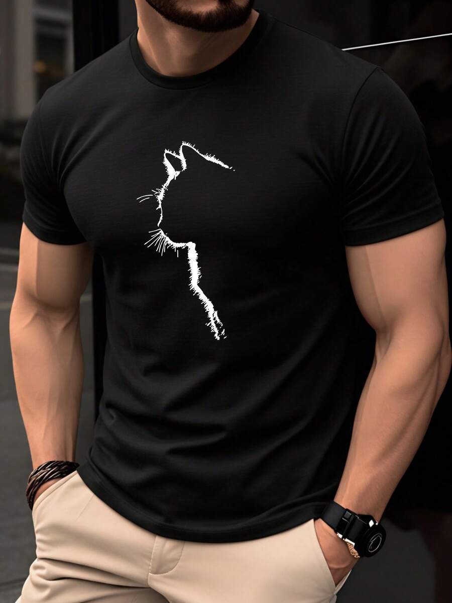 Camiseta de algodón 100% para hombre, manga corta de verano, top delgado y transpirable, ajuste slim moderno y a la moda, casual y versátil, diseño artístico de línea de perfil de gato, estilosa, elegante, única y divertida, ideal para uso diario en primavera, verano y otoño, lavable a máquina, perfecta como regalo original para amantes de los gatos - Negro - Ver 1