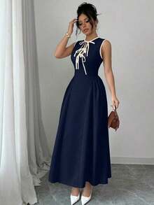 Nuevo vestido de mujer con cuello calado, bloqueo de color, cintura anudada, pliegues laterales, sin mangas, textura plisada, cremallera en la espalda, de moda, juvenil, elegante, versátil, que estiliza la cintura, apto para primavera/verano/otoño/invierno - Azul marino - Ver 3
