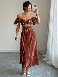 Vestido de estilo callejero elegante de mujer con lunares, hombros descubiertos y abertura en la cintura, ideal para vacaciones de verano - Marrón - Ver 6