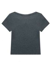 Camiseta de manga corta de hombro regular gris, top ajustado de estilo francés minimalista casual - Gris Oscuro - Ver 3