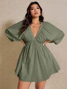 Elaquor Vestido informal de talla grande de manga farol en unicolor - Verde militar - Ver 6