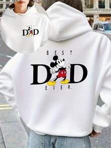 Directly Marketed New Autumn And Winter Styles, Standard Size Women'S Fleece-Lined Hooded Sweatshirt, Kangaroo Pocket, Disney Classic Character Mickey Mouse Print, Paired With The Text "BEST DAD EVER", Mickey Mouse Giving A Thumbs Up - trắng - Xem 1