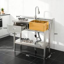 Fregadero industrial de acero inoxidable independiente - Con único o dos senos - Mesa de trabajo y estante integrados - Grifo de agua fría y caliente - Ideal para cocina, lavandería, garaje - Plateado - Ver 2