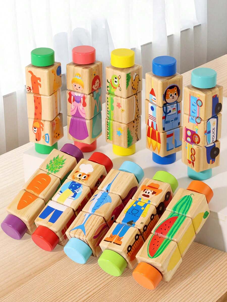 1pc Children Rotating Cognitive Puzzle Blocks Develops Fine Motor Skills In Toddlers; Educational Matching Toy; Wooden 3D Puzzle Blocks For Grip Training For Boys And Girls - 彩色 - 查看 1