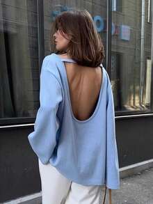 Loose-Fitting Knit Sweater With Open Back, New Autumn-Winter 2026 Model For Women, European Style - 藍色 - 查看 2