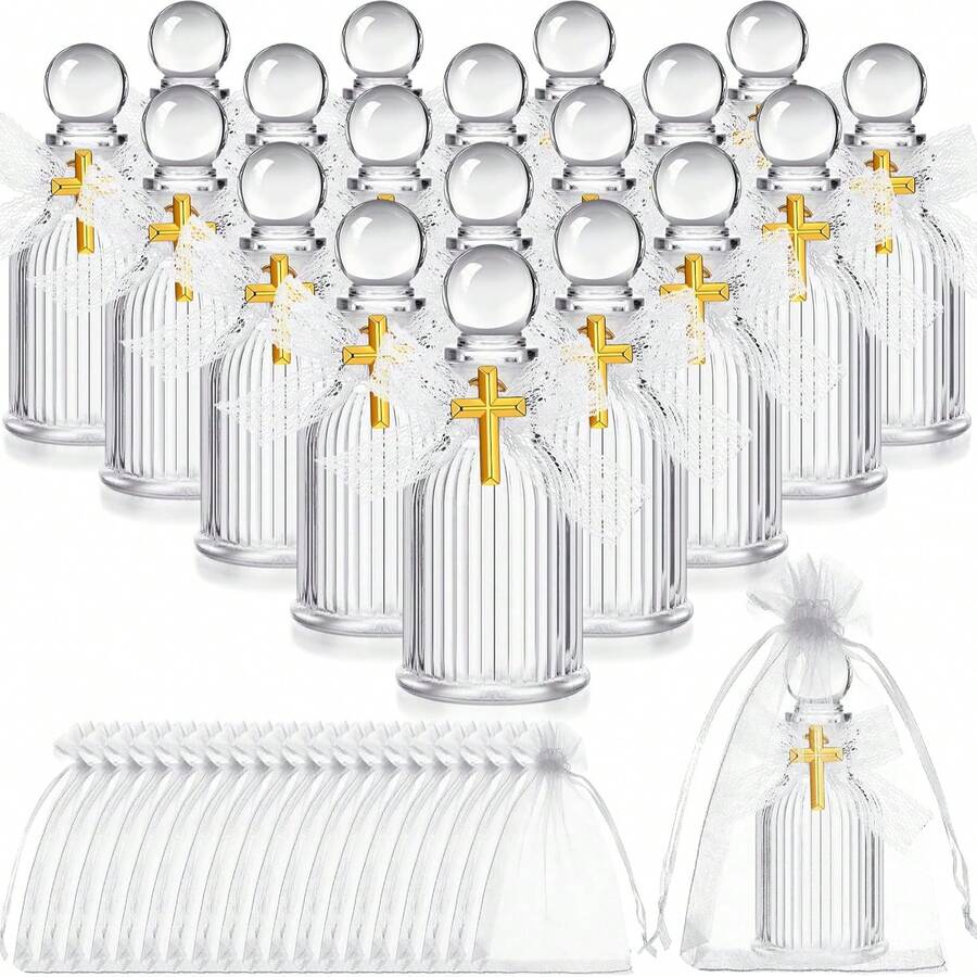 Juego de 100 piezas de botellas de agua bendita de vidrio, incluye 25 cruces doradas, 25 botellas de agua bendita, 25 bolsas de organza transparentes, 25 lazos, adecuado para regalos de comunión, bautizo, boda y regalos de fiesta temática - A - Ver 1