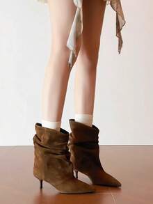 Fashion Slouchy Fold Ankle Boots For Women With Stiletto Kitten Heels Ankle Boots Pointed Toe Low Heel Ladies Slip On Casual Booties Suitable For Parties And Daily Wear - Brown - View 5