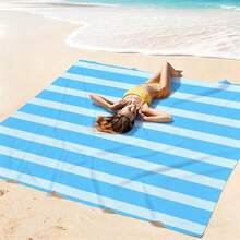 1pc Lake Blue Striped Extra Large Sand-Proof Quick-Dry Beach Blanket, Suitable For 1-3 Adults - Lightweight, Durable Polyester Fabric - Perfect For Travel, Camping, Hiking And Leisure Beach Time, Beach Mat, Picnic Mat, Camping Ground Cover - Lake Blue Vertical Stripes - View 5