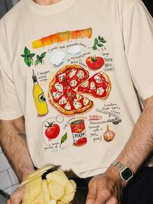 Fractyr 男款披薩食譜印花寬鬆版型 T-shirt，柔軟觸感杏色休閒街頭風，復古美食藝術圖案 - 杏色 - 查看 2