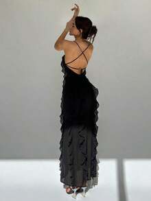 Vestido elegante sin espalda con volantes y capas, estilo de diosa grácil, adecuado para vacaciones, primavera/verano - Negro - Ver 2