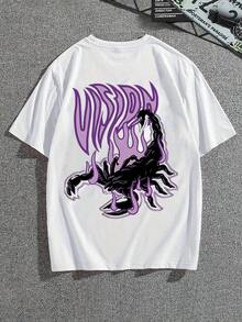Men's Crew Neck Short Sleeve T-Shirt, Soft Breathable 100% Cotton Casual Top With "Vision" Purple Scorpion Flame Graphic, Machine Washable Urban Gothic Streetwear Tee, Ideal For Everyday & Festival Wear - 白色 - 查看 1