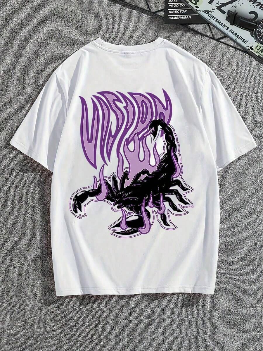 Men's Crew Neck Short Sleeve T-Shirt, Soft Breathable 100% Cotton Casual Top With "Vision" Purple Scorpion Flame Graphic, Machine Washable Urban Gothic Streetwear Tee, Ideal For Everyday & Festival Wear - 白色 - 查看 1