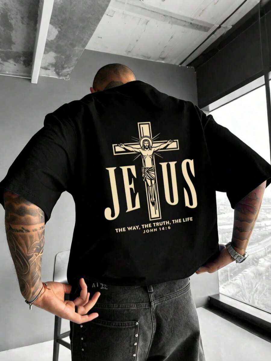 新款時尚男士T恤 - "Jesus"字母印花圓領短袖休閒寬鬆T恤 - 黑色 - 查看 1