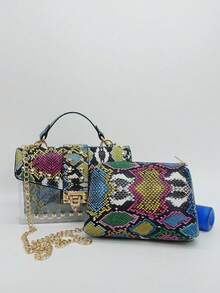 Vintage Snake Skin Print Rivet Decor Transparent PVC Patchwork Luxury Handbag, Versatile Shoulder & Crossbody Bag - Green - View 11