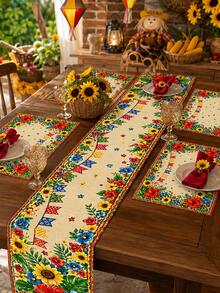 Bộ 1/2 khăn trải bàn và tấm lót bàn bằng vải linen cho tiệc, họa tiết hoa rực rỡ và hoa hướng dương, lý tưởng cho lễ hội tháng 6 Brazil, tiệc sân vườn mùa hè, đồ dùng cho bếp gia đình và ăn uống ngoài trời - Nhiều màu - Xem 2