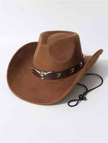 1pc Unisex Vintage Denim Western Cowboy Hat, With Vintage Bull Head Decoration, Wide Brim Design, UV Protection Sun Hat, Adjustable Brim, With Windproof Rope, Suitable For Parties - Suede X Denim Hat - View 11
