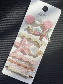 7件組女款優雅簡約清新海洋人魚尾海星貝殼仿珍珠水鑽髮夾，適用日常、學校、海灘度假、上班通勤、派對、節日、生日禮物、返校季（粉色系，含隨機粉色與白色貝殼配件），髮卡髮夾 - 粉色 - 查看 4