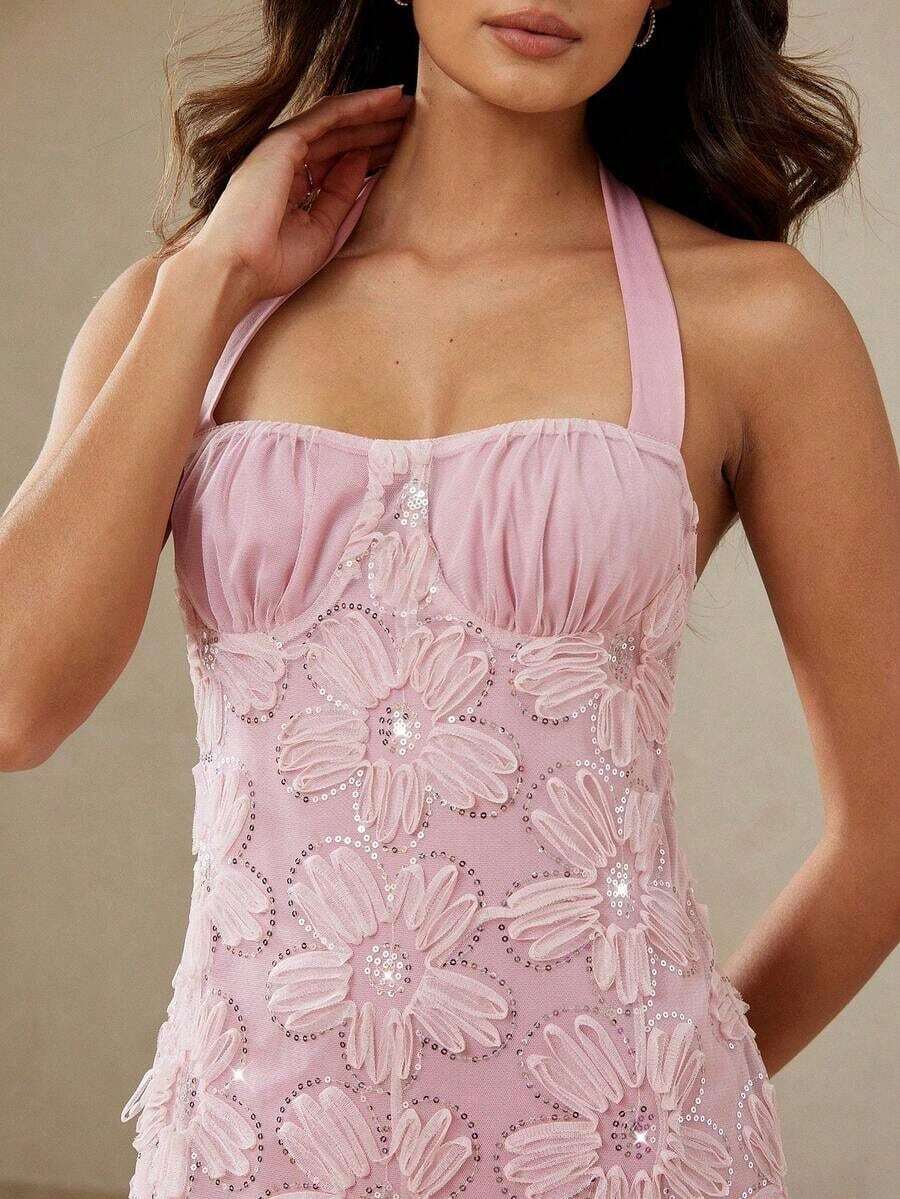Vestido de sirena ajustado con diseño de busto fruncido, bordado de flores 3D, cuentas y recortes en color rosa, para primavera/verano. Vestido versátil, elegante, romántico y lujoso para fiestas, citas y vacaciones - Rosa - Ver 1