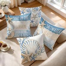 4pcs Blue & Gold Shell Text Design Pattern Pillow Covers, Single-Sided Printed Cushion Covers, Suitable For Living Room, Bedroom, Home Decor, All Seasons - Multicolor - View 6