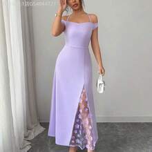 MewMuse. Vestido elegante de mujer con hombros descubiertos, silueta ajustada con paneles laterales con ribete de encaje y abertura hasta el muslo, adecuado para fiestas de noche, citas, eventos sociales ligeros y salidas casuales - Morado - Ver 6