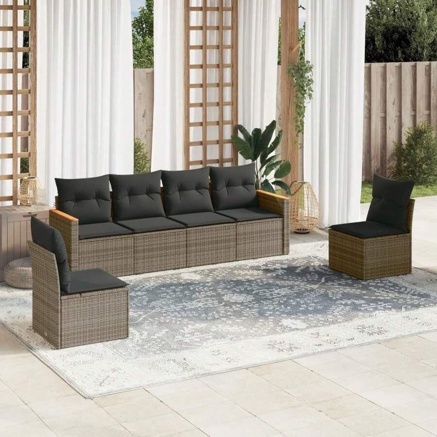 Set de muebles de jardín 6 pzas y cojines ratán sintético gris - A - Ver 1