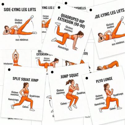 Glute Training Cards - Illustrated Bodyweight Training Set, Includes Step-By-Step Guide | Home Fitness Flash Cards For Enhancing Glute And Lower Body Strength