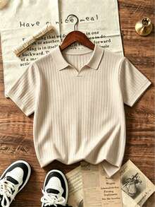 Boys' Teen Student Casual Solid Color Crew Neck Pullover Ribbed Knit Short Sleeve T-Shirt Spring Summer Top - Apricot - View 4