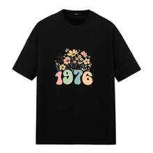 Short-Sleeved T-Shirt With Floral And Butterfly Print, Ideal For Wearing At Home, On The Street, In The Park, At The Cafe, On The Beach, At A Meeting, Regular Fit, Casual Style, Comfortable And Breathable. - 黑色 - 查看 1